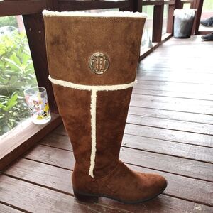 Tommy Hilfiger Brown Suede Over the Knee Boots with Cream Fluffy Trim